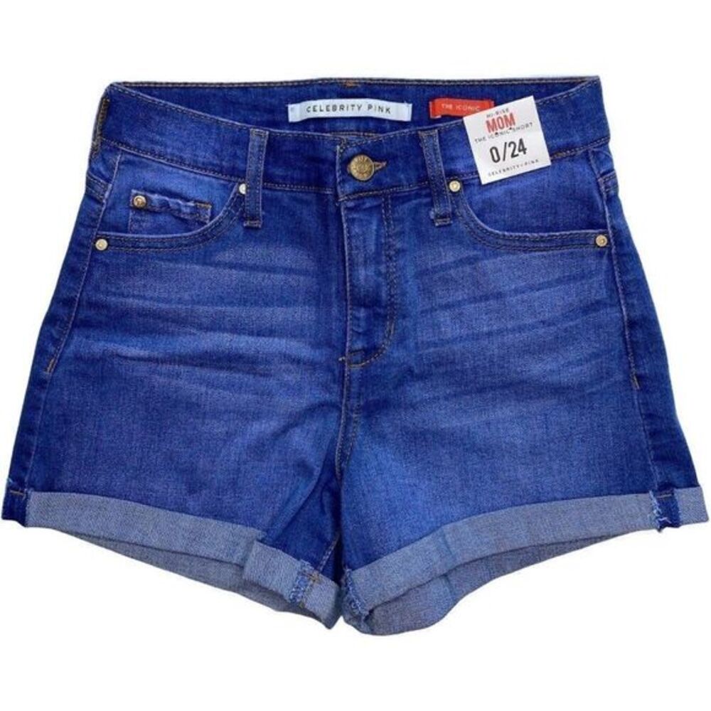 Celebrity Pink High-Rise Mom Jean Short Juniors' 0 24 Blue Faded Cuffed Pockets
